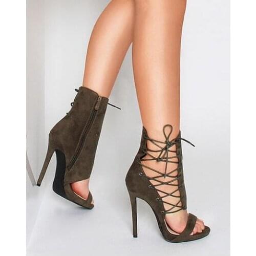 Carpaton Hot Selling Lace-up Heels for Woman Summer Open Toe Cutouts Gladiator Sandal 2019 Thin Heels Shoes Army Green