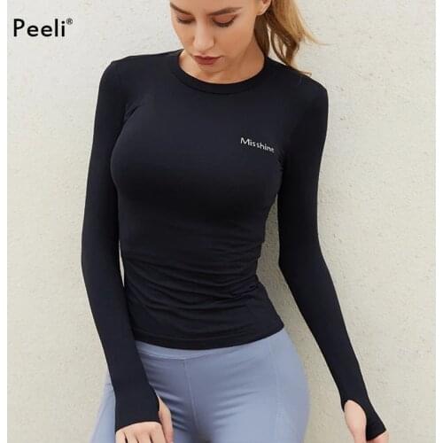 Peeli 2020 Womens Gym Tops Fitness T-Shirt Long Sleeve Yoga Top Running Super Stretchy Sport Crop Top O Neck Workout Shirts