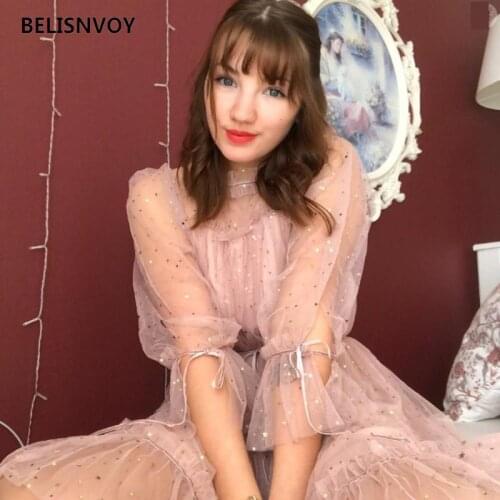 2021 Spring Summer Elegant Sexy Star Moon Embroidery Midi Dress Mesh Equined Dresses Stand Collar Lolita Sweet Party Vestidos
