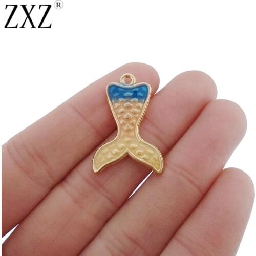 ZXZ 10pcs Gold Tone Enamel Mermaid Tail Charms Pendants Beads for Necklace Bracelet Earring Jewelry Making Findings 27x19mm