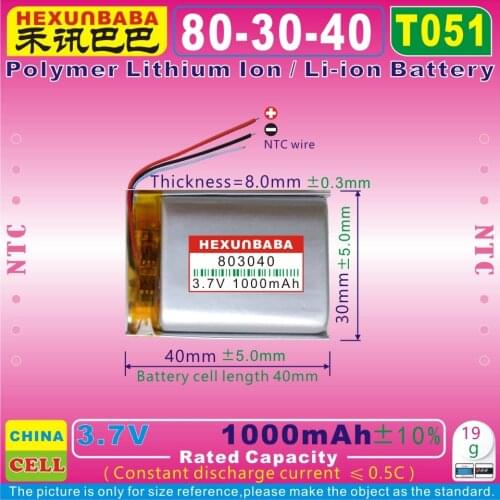 2pcs [T051] 3.7V 1000mAh [803040] NTC;THREE 3 WIRE;Rechargeable Polymer lithium ion / Li-ion battery for MP3,cell phone,GPS,mp4