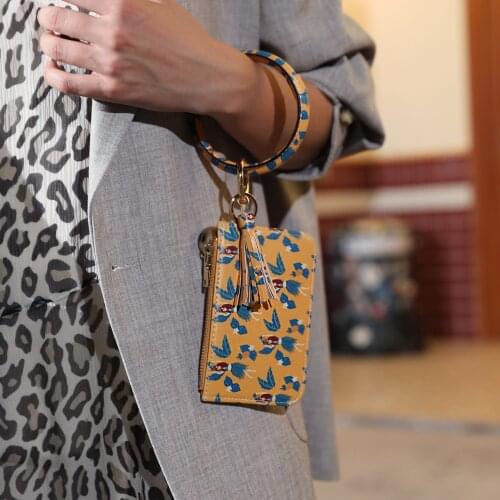 Bracelet keychain PU Leather Zipper Coin Purse Card Holder Tassels Leopard Key Ring Wallets