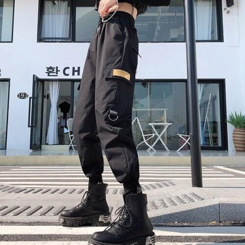 Zoki BF Women Cargo Pants High Waist Pocket Hip Hop Black Loose Gothic Pants Casual Spring Female 2021 Wide Legs Sweatpants