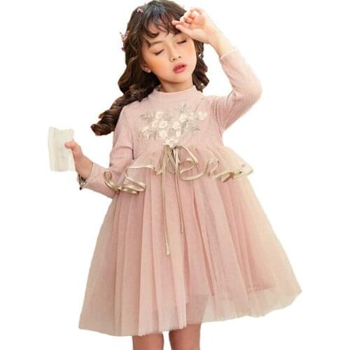 Children Spring Autumn Knitted Mesh Princess Dresses for Baby Girl Dress Fashion Baby Kids Birthday Party Embroidery Clothing