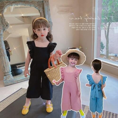 Childrens Sweet Jumpsuit 2021 Summer New Girls' Cute Anti Mosquito Pants Solid Color Vacation Style Drawstring Straight Pants