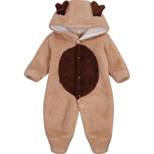 Baby Girls Boys Cute 3D Cartoon Deer Plush Romper Infant Toddler Faux Fur Winter Warm Footwear Hooded Romper Jumpsuits