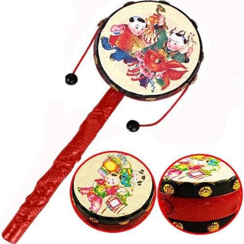 Red Chinese Traditional Spin Toys Rattle Mobile Drum Kids Educational Cartoon Newborn Handbell Plastic For Baby Toys 0-12 Months
