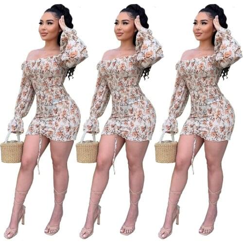 2021 Summer New Womens Sexy Printed One-Shoulder Long-Sleeved Dress