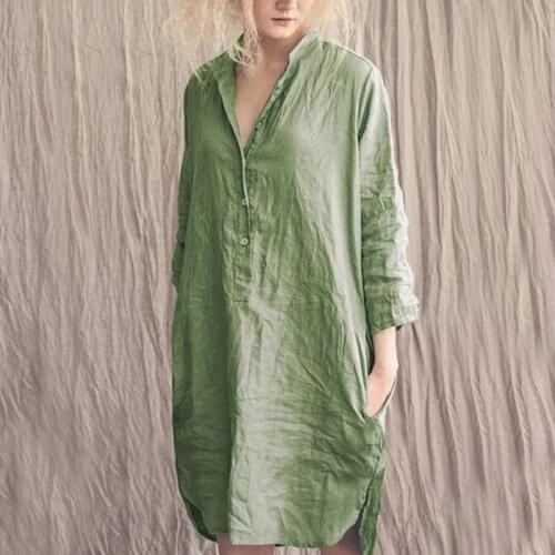 Large size cotton and linen shirt dress Solid purple green gray sukienka Casual 3/4 sleeve v-neck midi shift dress Loose vestido
