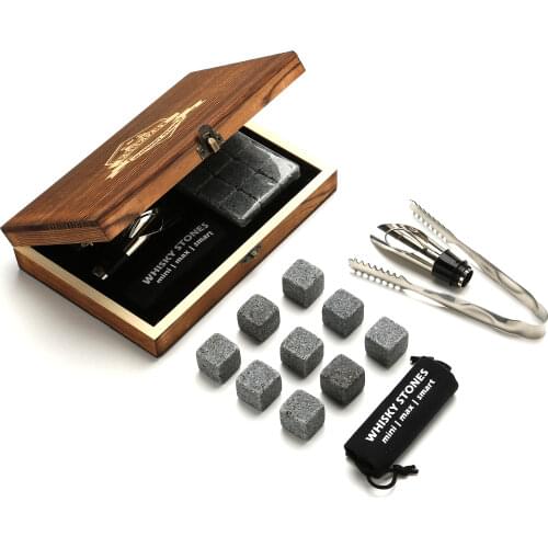 Whiskey Stones Gift Set - 9 Granite Chilling Stones Whisky Rocks - Reusable Ice Cubes with Tongs Stopper - Best Drinking Gift