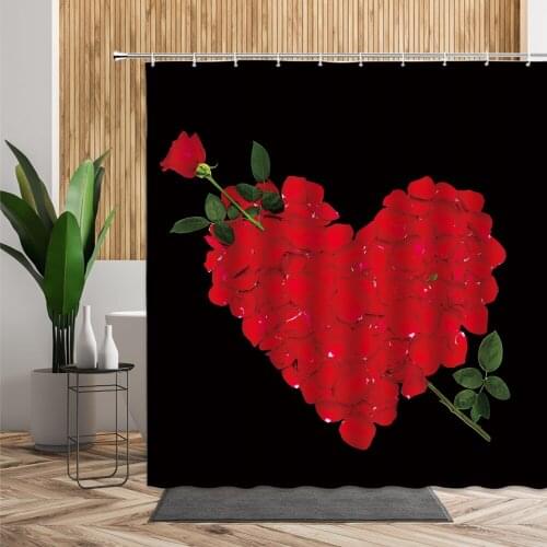 Romantic Love Shower Curtain Rose Petal Swan 3D Printing Background Bathtub Screen Fabric Waterproof Bath Curtains Set With Hook