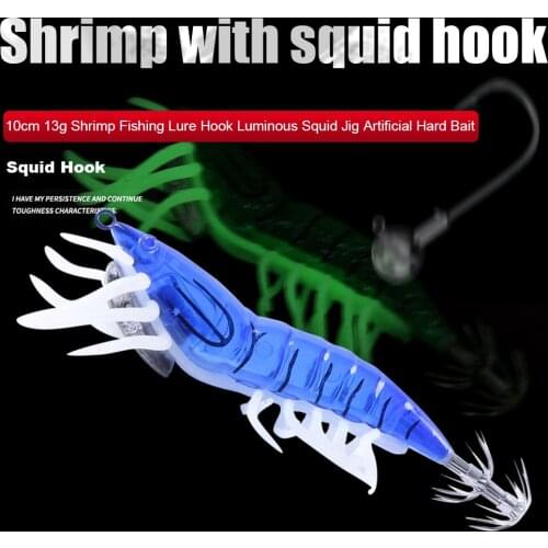 10cm 13g Shrimp Fishing Lure Hook Luminous Squid Jig Artificial Hard Bait Sections Fishing Lure Good Quality Hook Fishing Tackl
