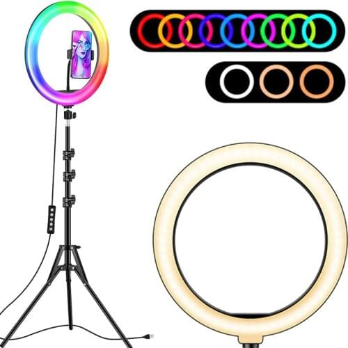 LED Ring Light RGB Selfie Circle Fill Light Dimmable Lamp Video Trepied Makeup Photography RingLight Phone Stand Holder Tripod