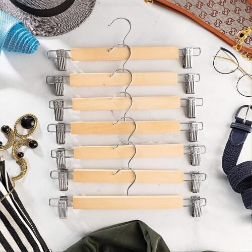 Wooden Skirt Hangers with Adjustable Clips Pack of 10 Non-Slip Trouser Hanger Natural Finish Lotus Wood Pants hangers 360 D