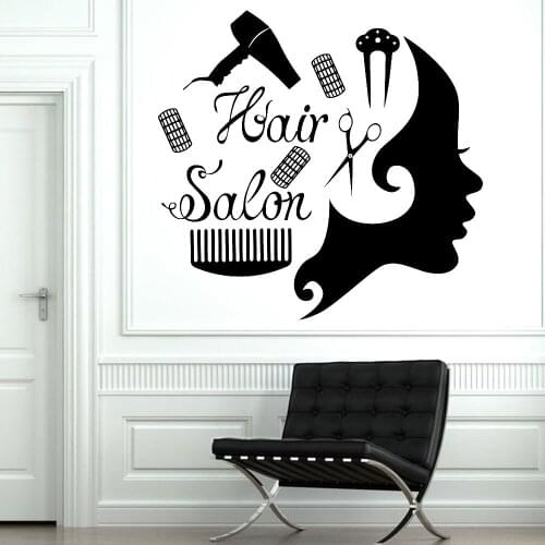 Barbershop Wall Sticker Vinyl Girl Face Scissors Comb Hair Dryer Hair Tools Wall Decal For Hair Salon Decoration Removable Z638