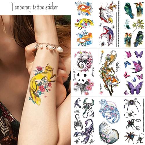Animal temporary tattoo stickers scorpion Butterfly spider 3d fake tattoo Panda Fox Wolf Color body tattoo sticker for men women