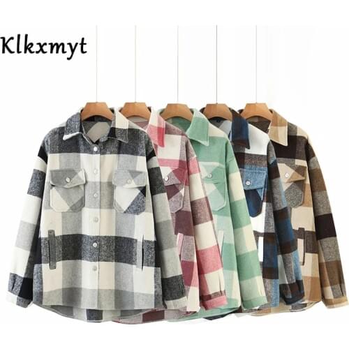Klkxmyt 2020 Winter Jacket Women Fashion Classic Plaid Ladies Turn-Down Collar Wool Blend Coats Long Sleeve Jacket Coat
