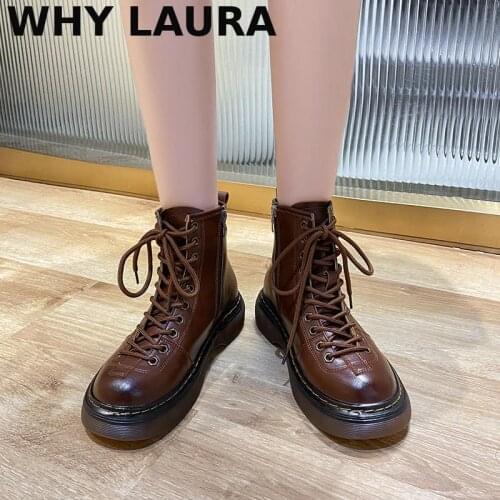 Dark brown white black PU leather ankle boot women fall/winter round toe lace-up womens fashion motorcycle platform non-slip th