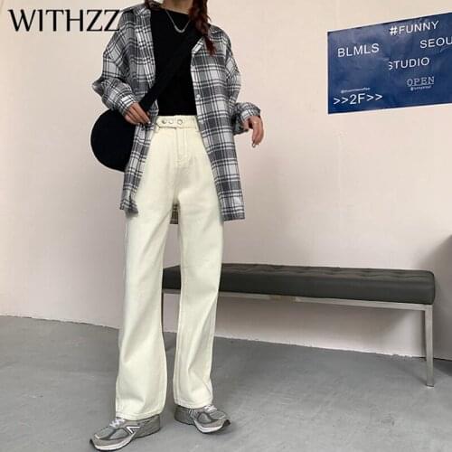 WITHZZ Autumn Winter Womens Retro High Waist Wide Leg Trousers Straight Thin Fleece Asian Size Warm Jeans
