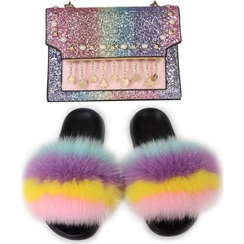 Womens Fox Fur Slippers Ladies Fluffy Soft Slides Furry Shoes Female Shoulder Messenger Sequins Bag Set Maiden Tassel Chain Bag