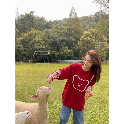 LMQ NEW 2020 Winter Women Chic Loose Christmas Red Knitted Bear Sweaters Pullovers Basic Long Sleeve Warm Bottoming Shirts