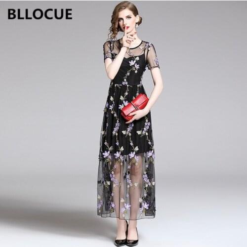 BLLOCUE New 2019 Summer Fashion Luxury Runway Dress Elegant Three-dimensional Flower Embroidery Mesh Slim Women Long Dress