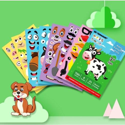 8PC Make A Face Kids Stickers Puzzle Games Princess Costume Animal Assemble Jigsaw DIY Stickers Recognition Training