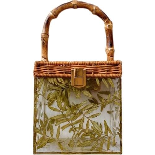 Bamboo Handle Leaves Pattern Party Banquet Transparent Women Square Evening Bag Acrylic Clear Box Purse Clutch