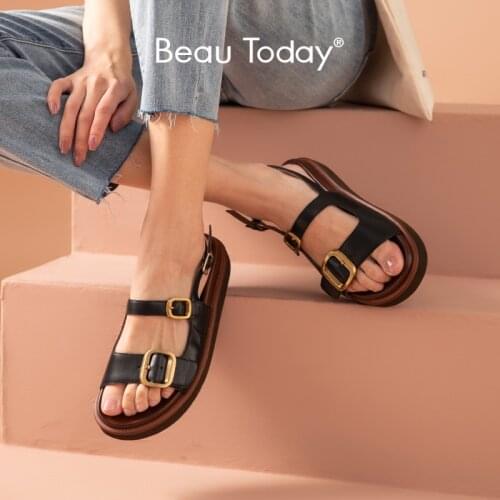 BeauToday Casual Sandals Women Cow Leather Platform Shoes Slingback Metal Buckles Summer Beach Ladies Flats Handmade 32335