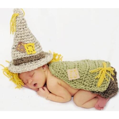 Newborn 100 Days Childrens Soft Handmade Knitting Scarecrow Pattern Photo Suit Cape Baby Hat Shooting Accessories Costume