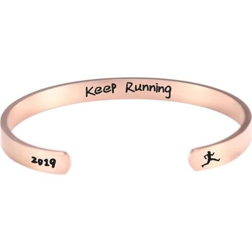 Trendy Stainless Steel Engraved Letter Keep Running Word Bracelet C Shape Magnetic Sport Bracelet