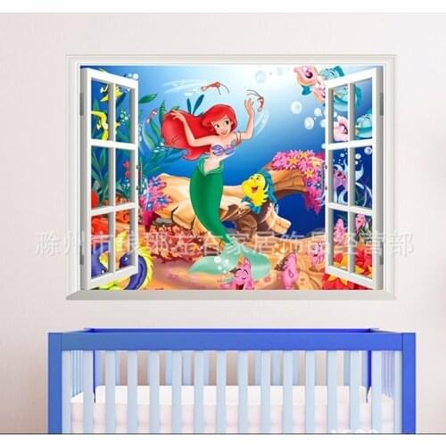 Cartoon The Mermaid Princess 45*60cm Wall Stickers For Kids Rooms Home Decor Disney Window Wall Decals Vinyl Mural Art