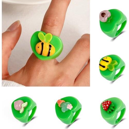 Cartoon Cute Strawberry Peach Pineapple Rings for Women Girls Simple Trendy Resin Acrylic Chunky Rings Party Jewelry 2021 New
