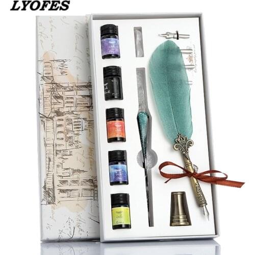 Luxury Fountain Pen Set Vintage Sprinkling Gold Feather Pen Ink Bottle Calligraphy Writing Dip Pen Birthday Gift Box 5 ink Quill