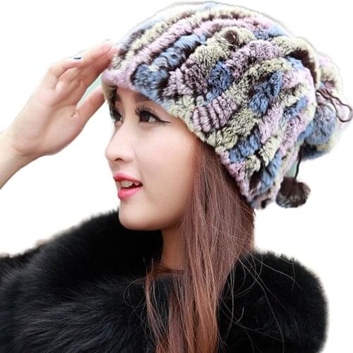 Real Knitted Rex Rabbit fur Beanie Hat Women In Winter Fashion Warm Ladies hats beanies cap Female