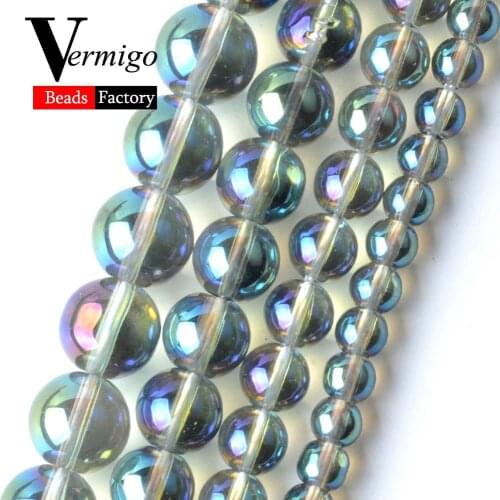 Natural Stone Plated AB Green Smooth Glass Beads For Jewelry Making 6 8 10 12mm Round Spacer Beads Diy Bracelet Accessories 15