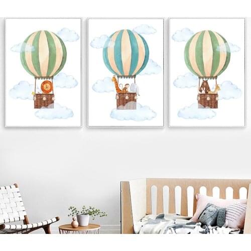 Lion Giraffe Bear Monkey Elephant Deer Rabbit Animal Poster Hot Air Balloon Cloud Wall Art Canvas Painting Nordic Kid Room Decor
