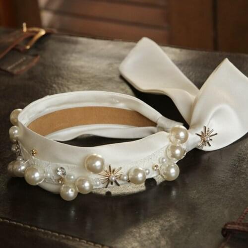 2020 Luxury White Satin Fabric Hairband RIbbon Pearl Headban Bride Wedding Fairy Headwear Church Party Elegant Ladies Hair Bands