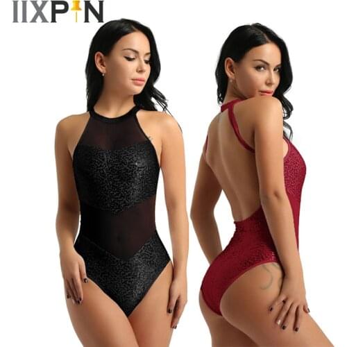 IIXPIN Women Gymnastics Leotard Professional Competition Costumes Ballet Latin Dance Halter Neck Sequin Mesh Practice Clothes