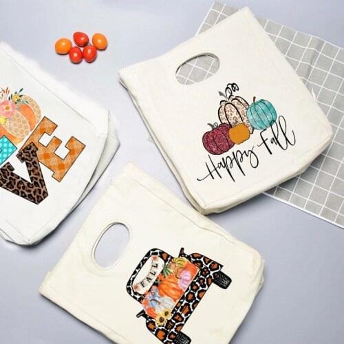 Happy Fall Fresh Cooler Lunch Bags Portable Insulated Thermal Bento Tote Handbag Travel Picnic Storage Pouch Thanksgiving Gifts