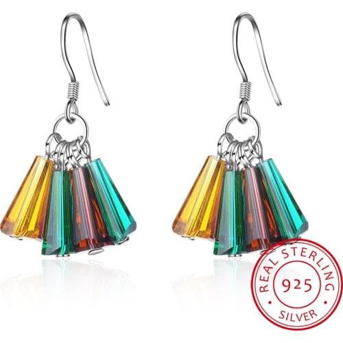 925 Sterling Silver Fan-shaped Earrings Colorful Crystal Rainbow Tassel Earrings For Women oorbellen S-E660