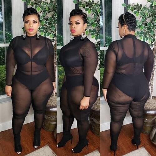 Sexy Outfits for Woman Night Club Mesh See Through Bodycon Jumpsuit Ladies Long Sleeve Rompers Body Femme Playsuit Plus Size 5XL