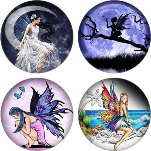 10pcs Angels Wings Fairy Moon Round Glass Image Cabochon Demo Flat Back Making Findings 12mm/16mm/18mm/20mm/25mm PF001