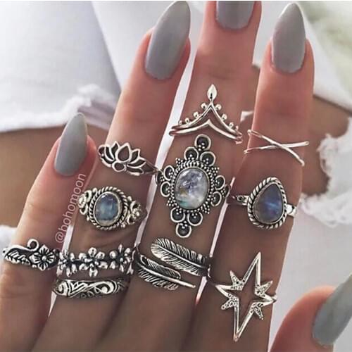 11 Pcs/set Women Boho Carving Flowers Leaves Water Drop Stars Crystals Gem Joint Ring Lady Party Silver Color Wedding Ring