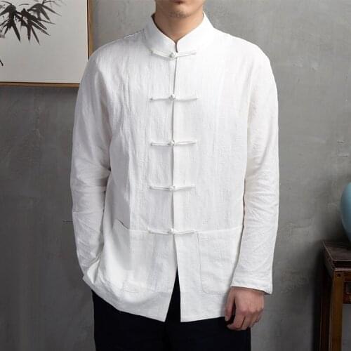 2021 Chinese Style Cotton Linen Long Sleeve Shirts Men Clothing Retro Tang Suit Stand Up Collar Top Plus Size Clothes Male 30214
