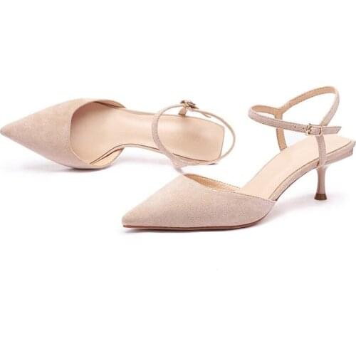 Summer Women Sandals Narrow Band Vintage 5.5CM Thin High Heels Flock Buckle Strap Pointed Toe Shallow Cover Heel Back Strap