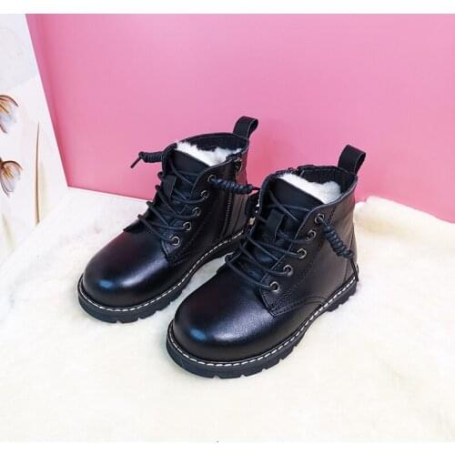 Childrens Boots Martens Genuine cowhide Real wool Winter warm snow boots waterproof Girls real leather shoes Motorcycle boot