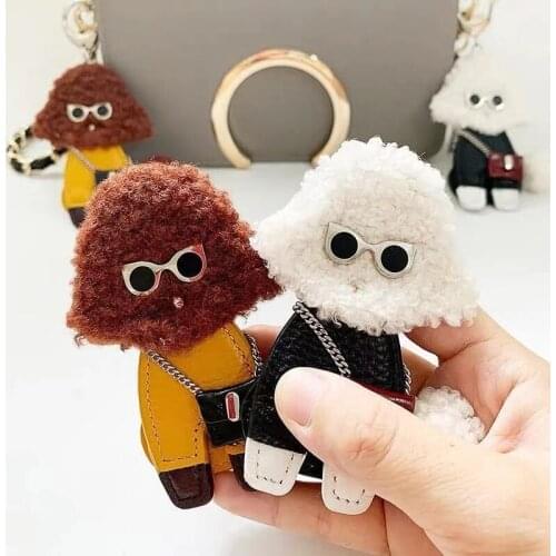 Pure Handmade Cute Teddy Dog Keychain Wool Fur Leather Animal Puppy Keyring Car Bag Charms Trinket Chaveiros Accessories Pendant