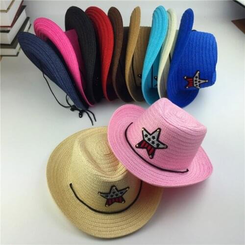 Outdoor childrens jazz cowboy hat summer straw hat boys and girls five-pointed star patch sun hat cute childrens beach visor