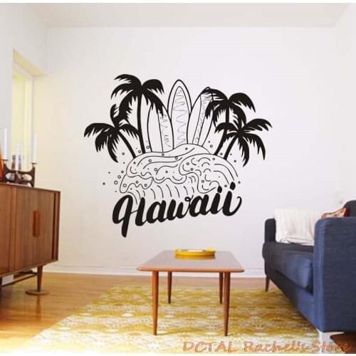 Hawaii Hand Lettering Surf Tropical Island Sticker Palm Silhouettes Home Decor Vinyl Decal Coconut Tree Living Room Bedroom